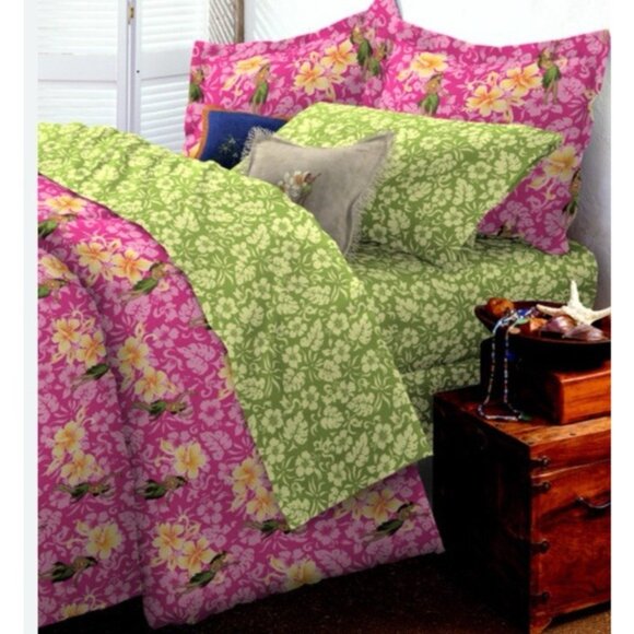 3pc Dean Miller Surf Bedding Hawaiian Hula Girl Queen Comforter 2 Shams pink HTF - Picture 1 of 16